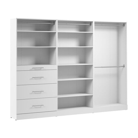 Système de rangement modulaire pour garde-robe walk-in avec tringles, tablettes et tiroirs 107L x 16P, style épuré