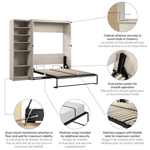 Lit escamotable double avec organisateur de garde-robe (88L)