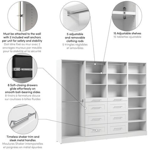 Système de rangement modulaire pour garde-robe walk-in ou placard avec tringles, tablettes et tiroirs 100L x 16P, style Shaker