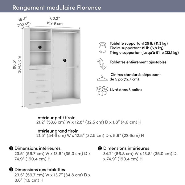 Système de rangement modulaire pour garde-robe walk-in ou placard avec tringles, tablettes et tiroirs 61L x 16P, style épuré