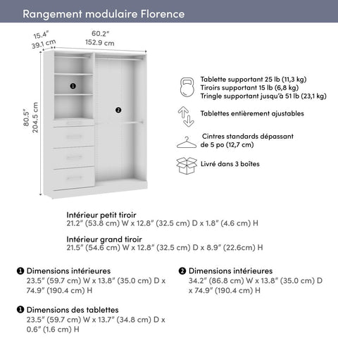 Système de rangement modulaire pour garde-robe walk-in ou placard avec tringles, tablettes et tiroirs 61L x 16P, style épuré