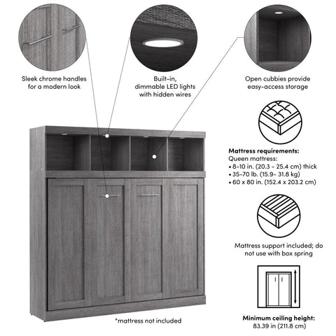 85W Queen Horizontal Murphy Bed with Overhead Storage