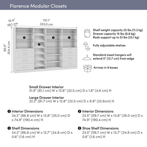 Système de rangement modulaire pour garde-robe walk-in avec tiroirs et tablettes à chaussures 132L x 16P, style Shaker