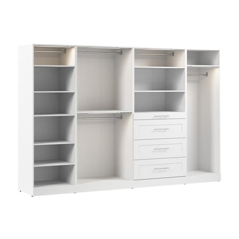 Système de rangement modulaire pour garde-robe walk-in avec lampes DEL, tringles, tablettes et tiroirs 121L x 25P, style Shaker