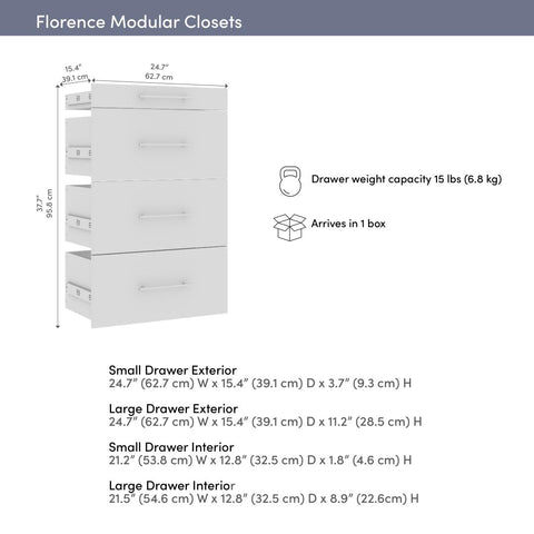 Ensemble de 4 tiroirs lisses pour organisateur de garde-robe modulaire pour walk-in ou placard avec tablettes 25L x 16P Florence