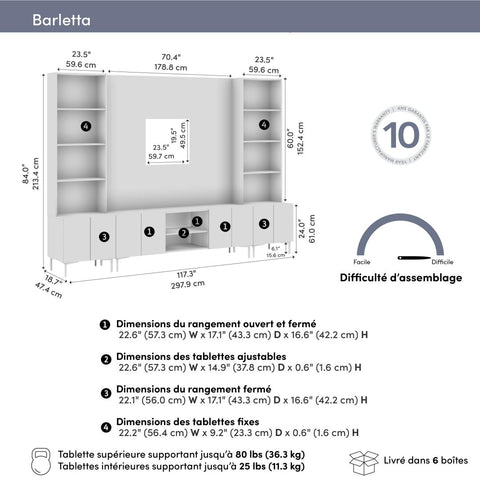 118W Modular Entertainment Center with TV Stand, Storage Cabinets with Hutches, and Small Wall Panel