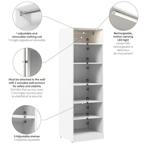 Organisateur de garde-robe modulaire pour walk-in ou placard avec lampe DEL et tablettes 25L x 25P