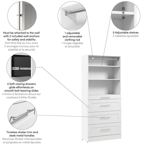 Organisateur de garde-robe modulaire pour walk-in ou placard avec tablettes et 4 tiroirs 36L x 16P, style Shaker