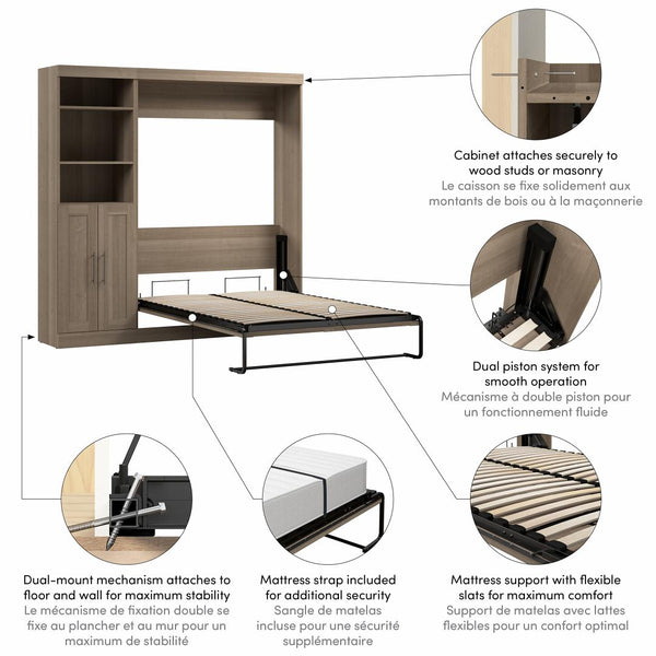 Lit escamotable double et organisateur de garde-robe avec portes (84L)