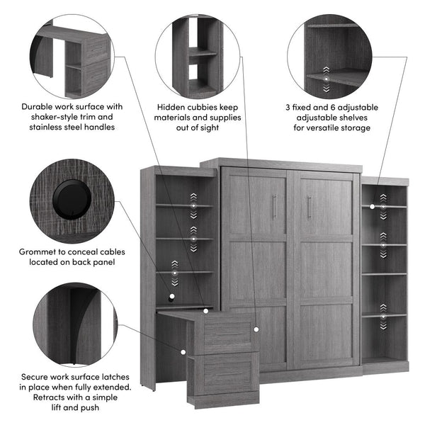 115W Queen Size Murphy Bed with Pull-Out Desk and Storage