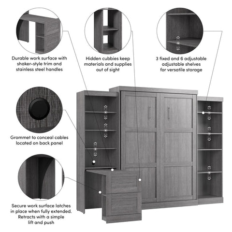 115W Queen Size Murphy Bed with Pull-Out Desk and Storage