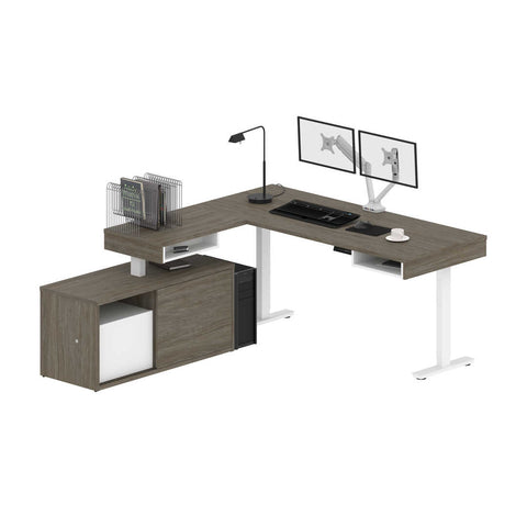 81W L-Shaped Standing Desk with Dual Monitor Arm and Credenza