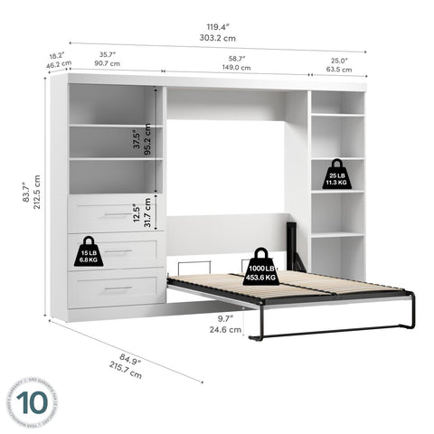 Lit escamotable double avec tablettes et tiroirs (120L)