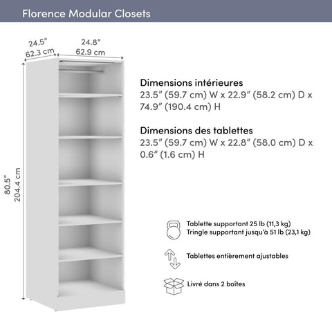 Organisateur de garde-robe modulaire pour walk-in ou placard avec lampe DEL et tablettes 25L x 25P