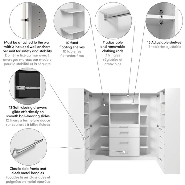 Système de rangement modulaire en U pour garde-robe walk-in avec tringles, tablettes et tiroirs 105L x 61P, style épuré