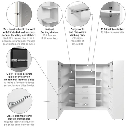 Modular U-Shaped Closet System with Shelves, Drawers & Clothing Rods, Slab Style, 105W x 61D