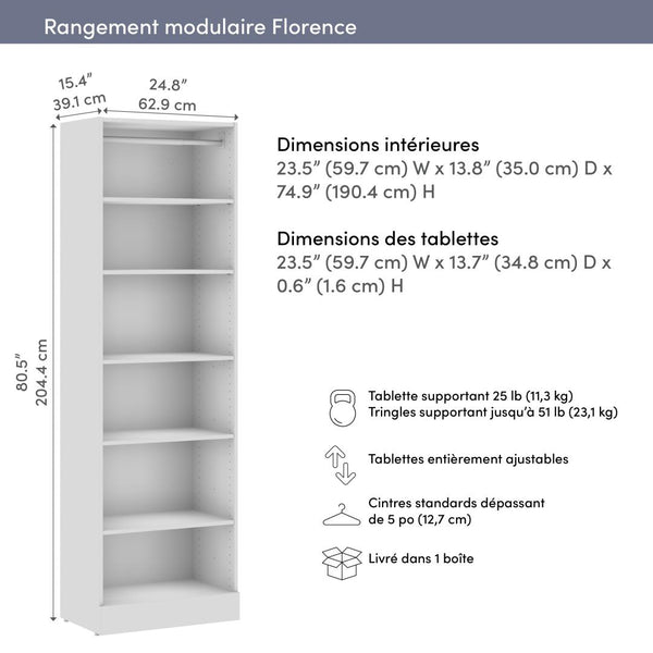 Organisateur de garde-robe modulaire pour walk-in ou placard avec tablettes 25L x 16P