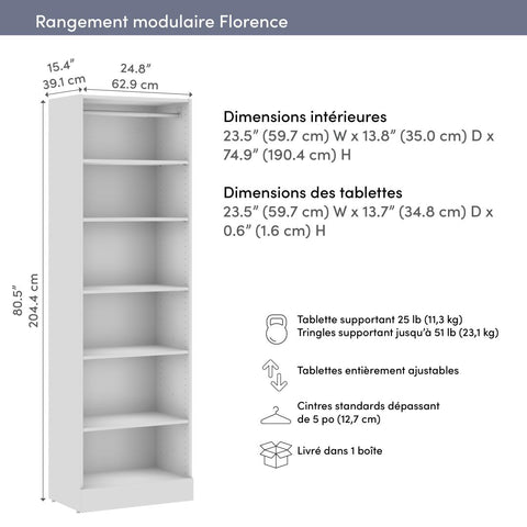Organisateur de garde-robe modulaire pour walk-in ou placard avec tablettes 25L x 16P