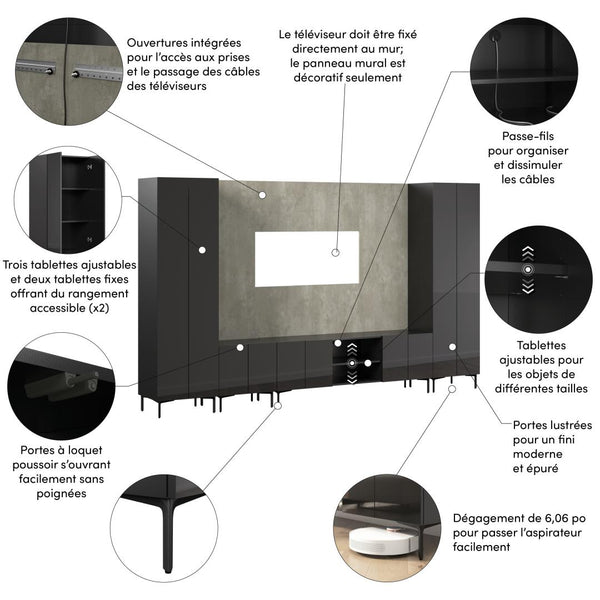 141W Modular Entertainment Center with TV Stand, Storage Cabinet, Tall Storage Cabinets, and Large Wall Panel