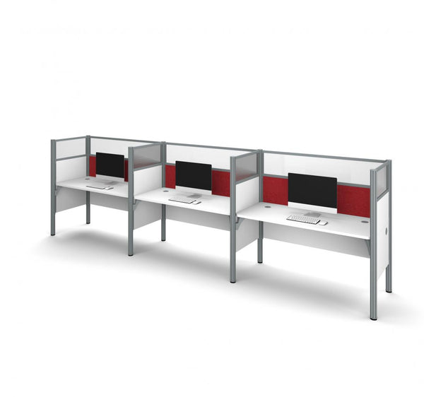 3-Person Office Cubicles with Red Tack Boards and High Privacy Panels