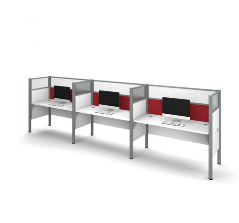 3-Person Office Cubicles with Red Tack Boards and High Privacy Panels