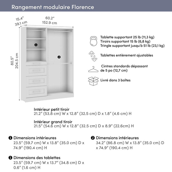 Système de rangement modulaire pour garde-robe walk-in ou placard avec tringles, tablettes et tiroirs 61L x 16P, style Shaker