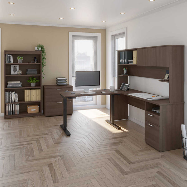 Bureau assis-debout 24 x 48 po, 1 crédence avec huche, 1 bibliothèque et 1 classeur latéral