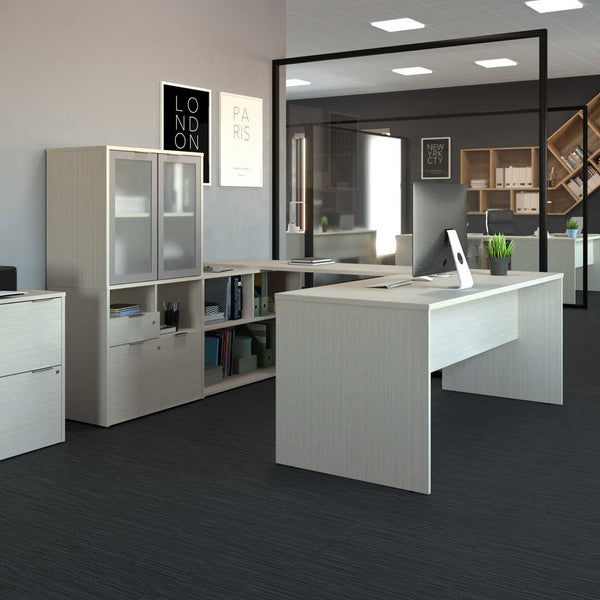 Bureau de direction en U 72L avec huche à portes en verre dépoli