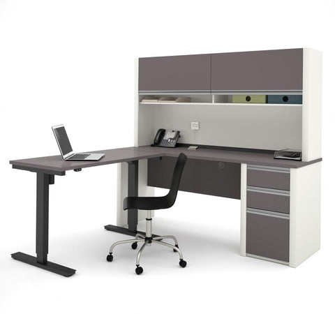 Bureau assis-debout en L 72L avec caisson et huche