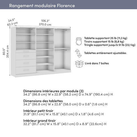 Système de rangement modulaire pour garde-robe walk-in avec lampes DEL, tringles, tablettes et tiroirs 107L x 25P, style épuré