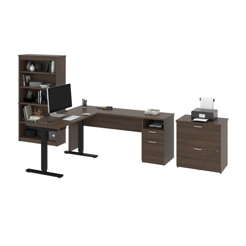 72W L-Shaped Standing Desk with Bookcase and File Cabinet
