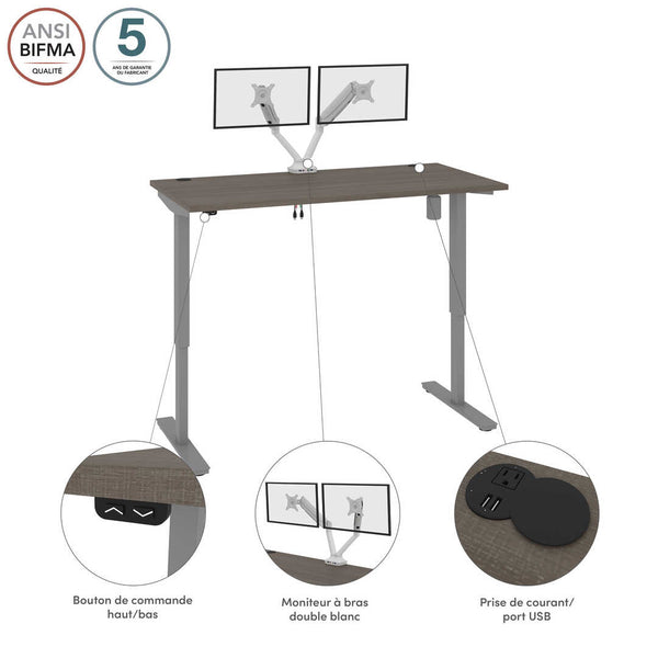 Bureau assis-debout 60L x 30P avec support double pour moniteurs