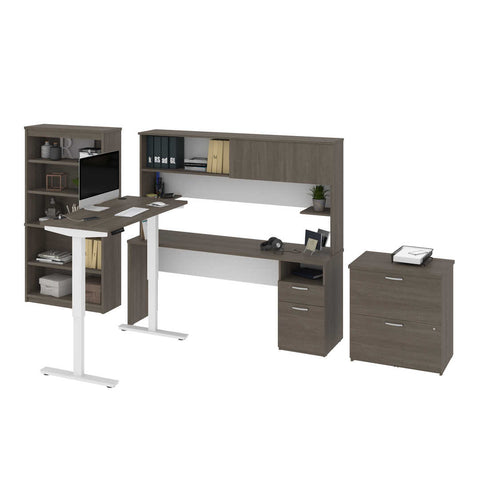 Bureau assis-debout 24 x 48 po, 1 crédence avec huche, 1 bibliothèque et 1 classeur latéral