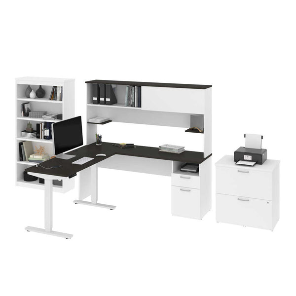 Bureau assis-debout 24 x 48 po, 1 crédence avec huche, 1 bibliothèque et 1 classeur latéral