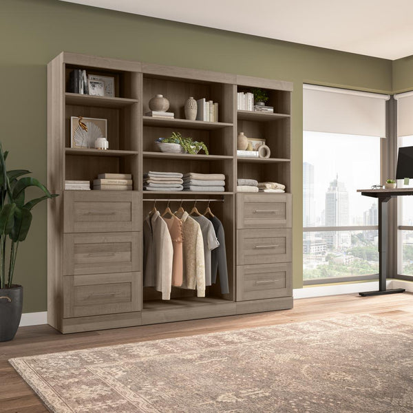 Contemporary Closet System with Shelves, Drawers & Clothing Rods, 86W x 19D