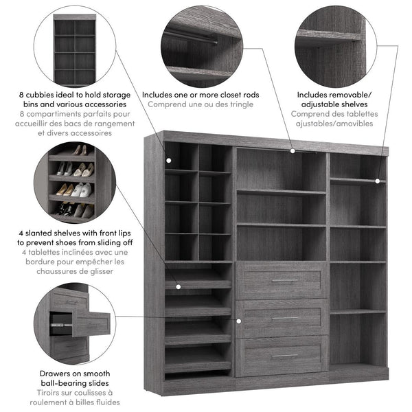 Contemporary Closet System with Shelves, Drawers, Clothing Rods, Shoe Racks & Cubbies, 86W x 19D