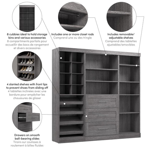 Contemporary Closet System with Shelves, Drawers, Clothing Rods, Shoe Racks & Cubbies, 86W x 19D