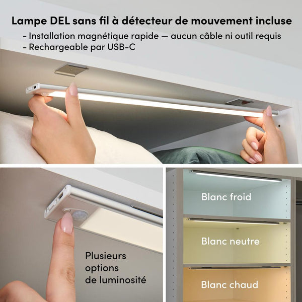 Système de rangement modulaire pour garde-robe walk-in avec lampes DEL, tringles, tablettes et tiroirs 107L x 25P, style Shaker