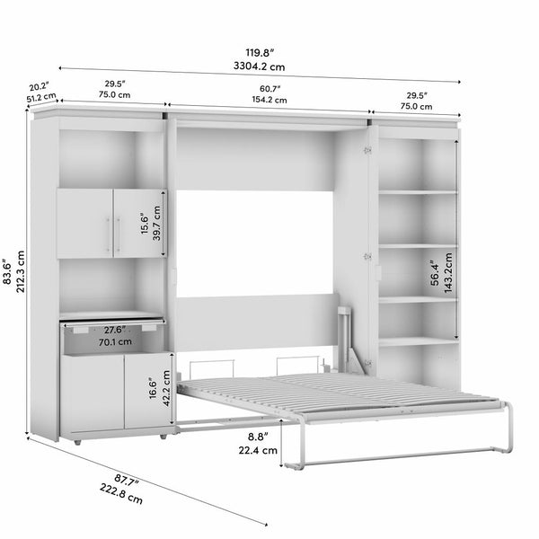 Lit escamotable double avec tablettes et armoire avec bureau rétractable (120L)