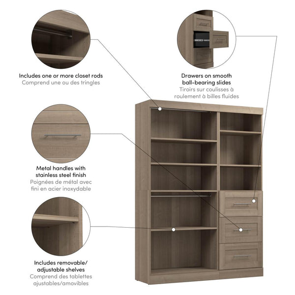 Contemporary Closet System with Shelves, Drawers & Clothing Rods, 61W x 19D