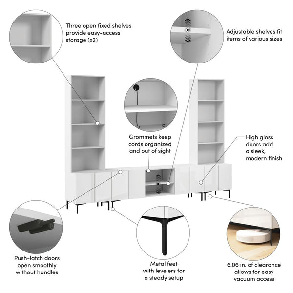 118W Modular Entertainment Center with TV Stand and Storage Cabinets with Hutches