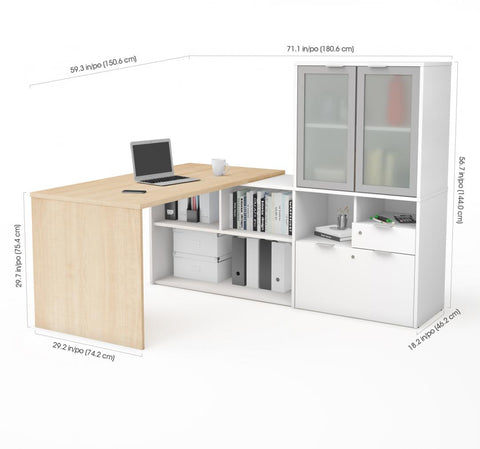 Bureau en L 72L avec huche à portes en verre dépoli
