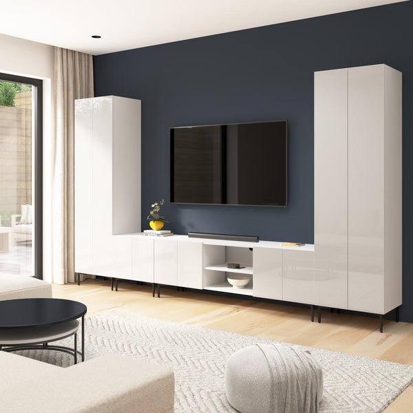 141W Modular Entertainment Center with TV Stand, Storage Cabinet, and Tall Storage Cabinets