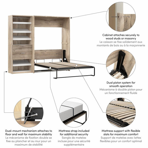 Lit escamotable double avec organisateur de garde-robe avec tiroirs (89L)