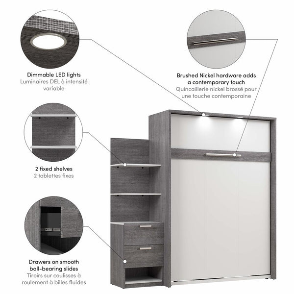 Lit escamotable double avec table de chevet et étagères flottantes (79L)