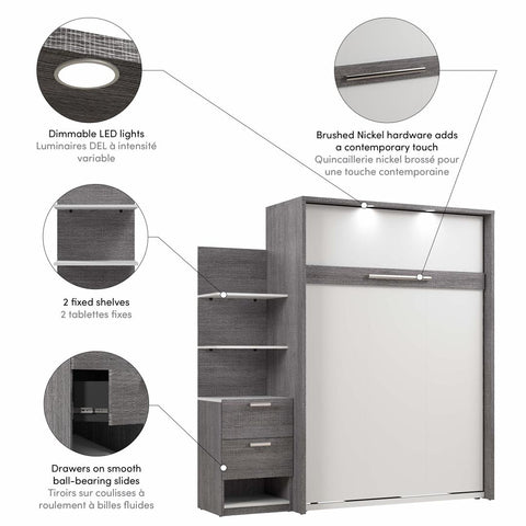 Lit escamotable double avec table de chevet et étagères flottantes (79L)