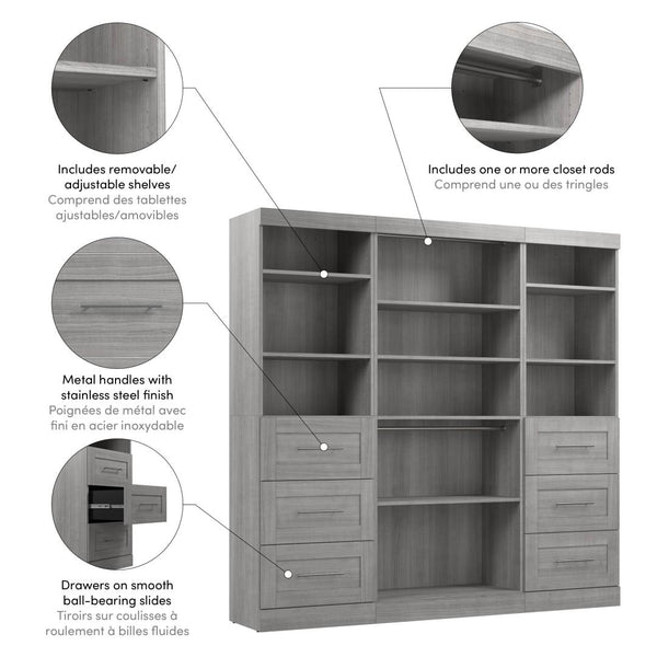 Contemporary Closet System with Shelves, Drawers & Clothing Rods, 86W x 19D