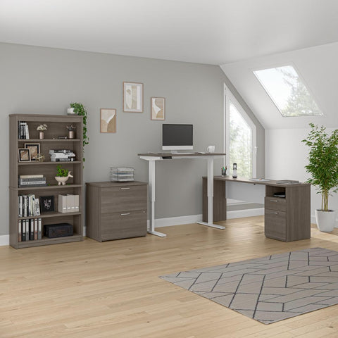 72W L-Shaped Standing Desk with Bookcase and File Cabinet