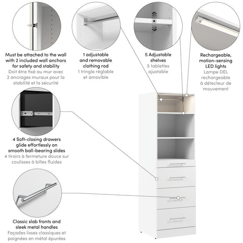 Organisateur de garde-robe modulaire pour walk-in ou placard avec lampe DEL, tablettes et 4 tiroirs 25L x 25P, style épuré