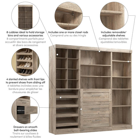 Contemporary Closet System with Shelves, Drawers, Clothing Rods, Shoe Racks & Cubbies, 86W x 19D